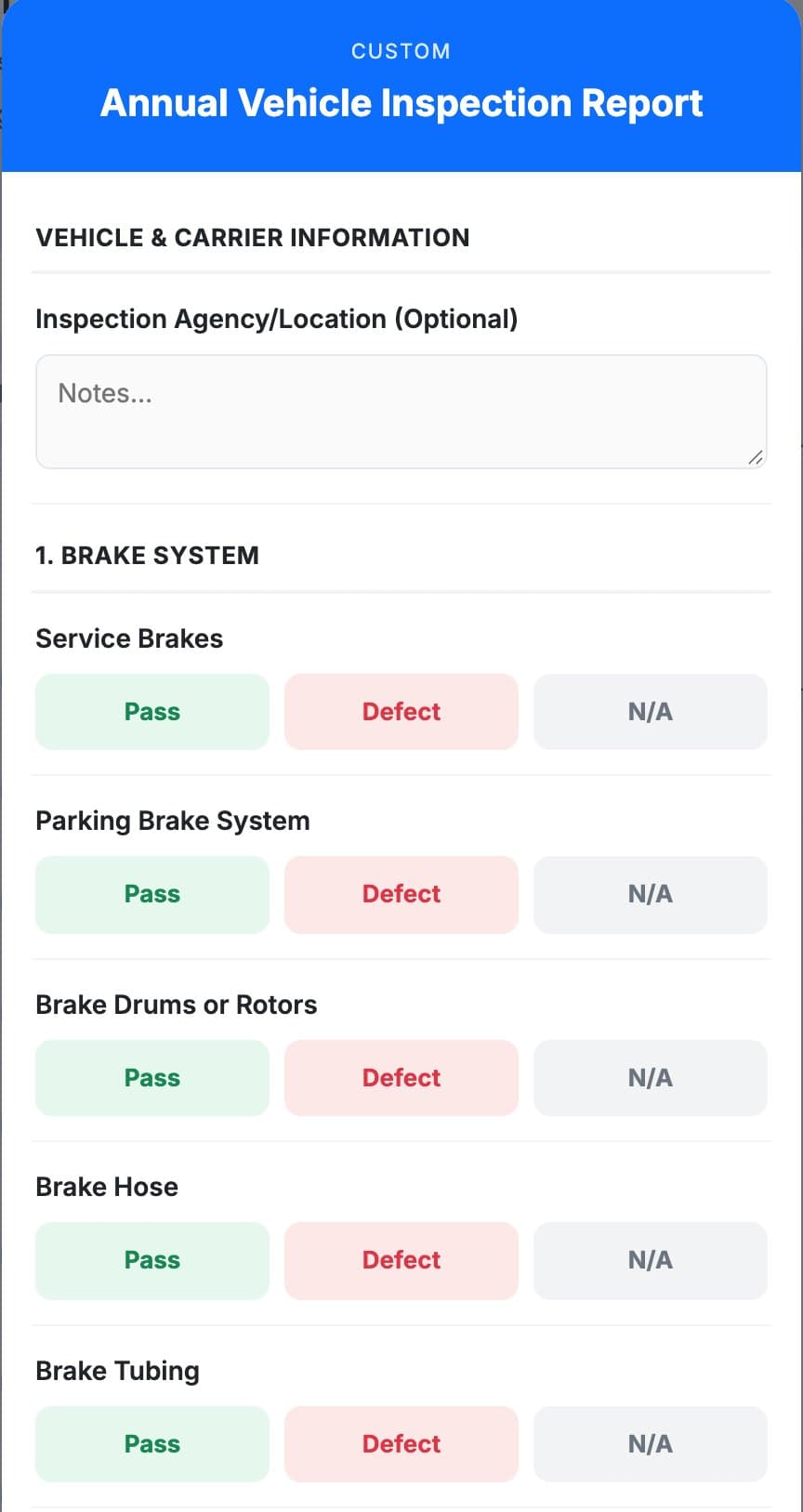 An annual vehicle inspection in MetaFleet with pass, defect and N/A for each item