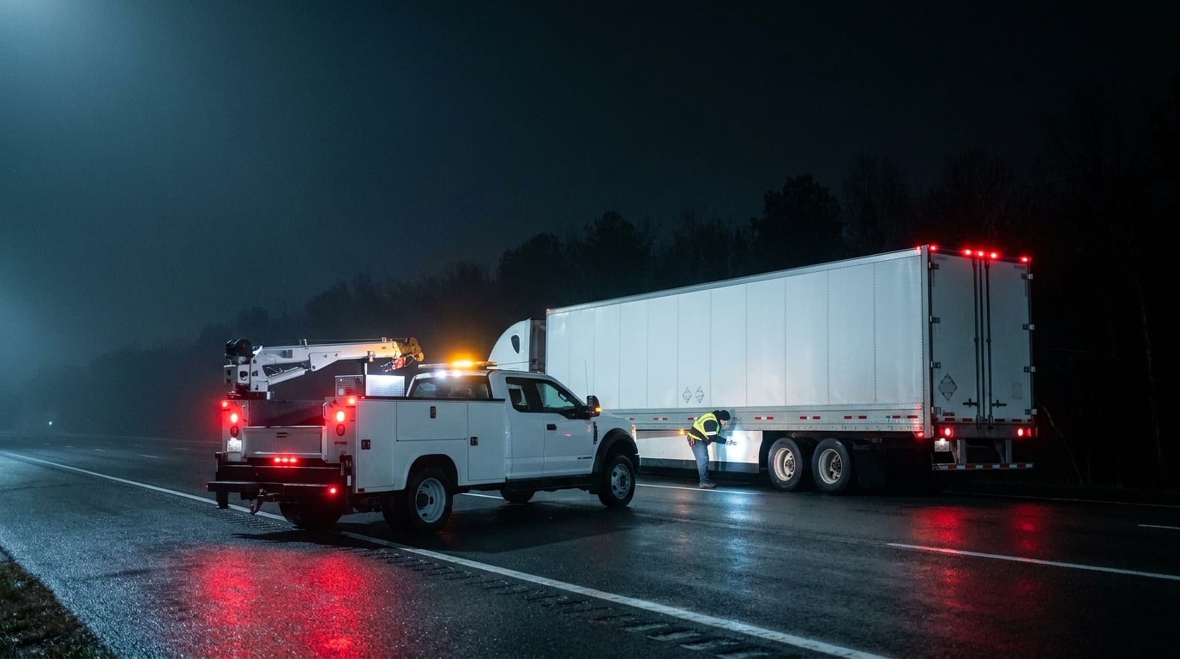 At night on an interstate shoulder, a mobile diesel service truck with a crane parks beside a stalled semi-trailer