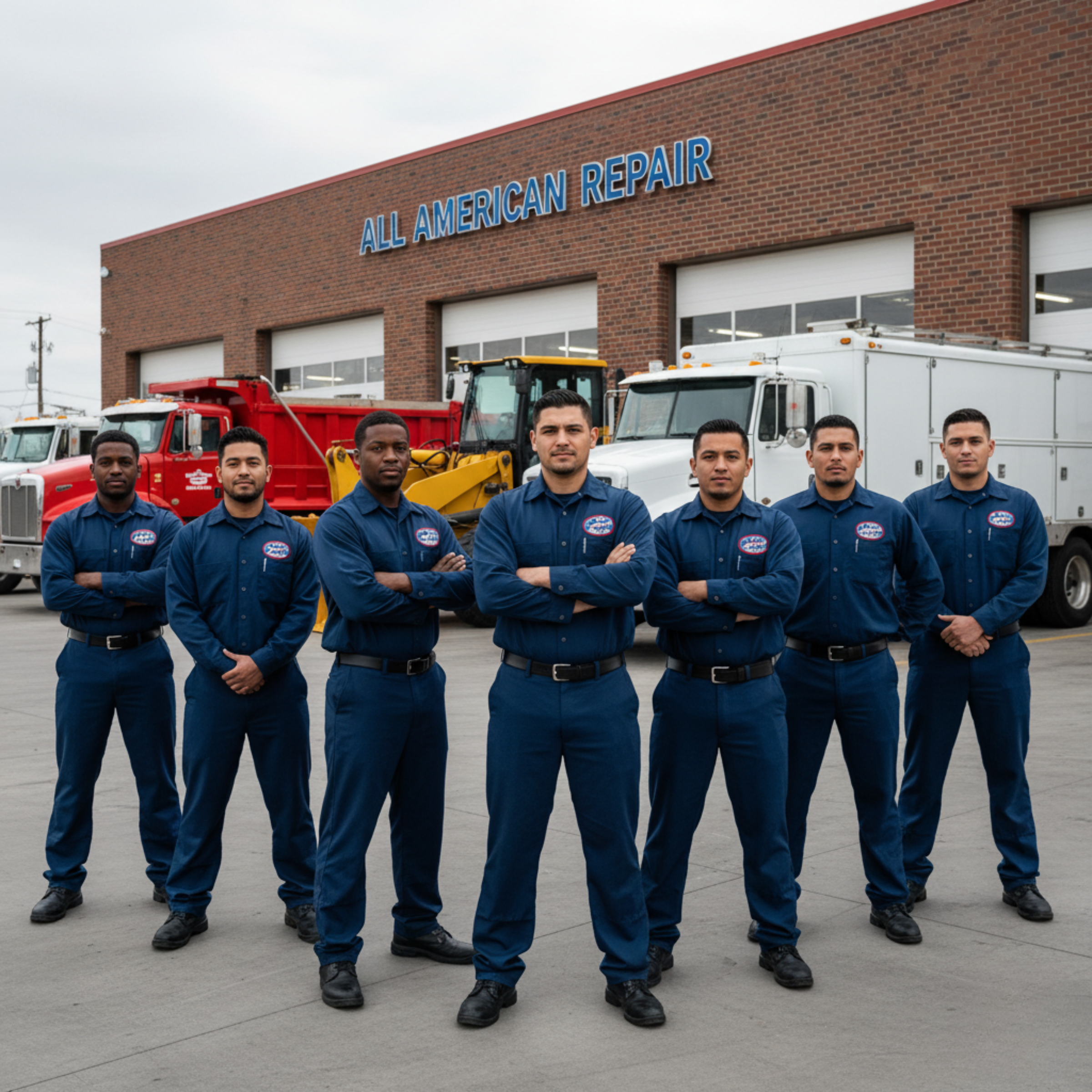 Mobile diesel technician team working together