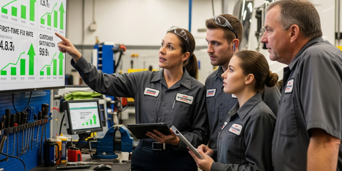 Shop metrics board showing job completion and performance tracking